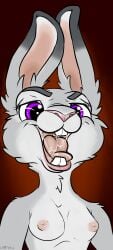 2016 absurd_res anthro areola bodily_fluids breasts digital_media_(artwork) disney drooling female female_pred flat_chest fur grey_body grey_fur hi_res imminent_vore judy_hopps lagomorph lanoya_(artist) leporid long_ears looking_at_viewer mammal nipples nude open_mouth purple_eyes rabbit saliva simple_background small_breasts smile solo teeth tongue tongue_out vore white_body white_fur zootopia