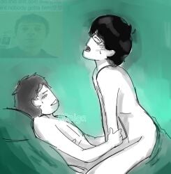 2boys 90s bad_anatomy bed bed_sheet blur(band) britpop celebrity cowgirl cowgirl_pose cowgirl_position cyan_background dave_rowntree gay gay_sex graham_coxon in_bed k0piga male messy_linework real_people real_person tagme tagme_(artist)