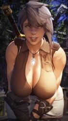 1girls asymmetrical_hair bare_shoulders cleavage english_text female final_fantasy final_fantasy_xiv gloves grey_hair hanging_breasts huge_breasts ivaraxiv jewelry leaning_forward lips looking_at_viewer mole_on_breast mole_under_eye necklace nose_scar outdoors pov scar scar_on_face short_hair smile teeth v_arms vest weapon_on_back yellow_eyes