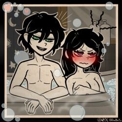 1boy 1girls 2d accurate_art_style andrew_graves ashley_graves bath bathing bathing_together bathtub blush blush breasts brother brother_and_sister bubbles covering_breasts donbatzu embarrassed embarrassed_nude_female female green_eyes happy incest looking_at_breasts looking_at_partner male nude pink_eyes shy siblings sister straight the_coffin_of_andy_and_leyley water wet wet_skin