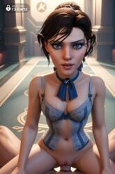 1boy 1boy1girl 1girls ai_generated artist_name bioshock bioshock_infinite blue_eyes bottomless bra breasts brown_hair choker cleavage corset cowgirl_position cum elizabeth_comstock female hi_res indoors lingerie lips looking_at_viewer male medium_breasts mole mole_under_eye navel parted_lips penis ponytail pov pubic_hair pussy r34arts sex short_hair solo_focus spread_legs straddling straight uncensored underwear vaginal_penetration vaginal_sex