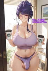 1futa ai_generated big_balls big_breasts bra_strap bulge coffee coffee_mug curvy dialogue excessive_pubic_hair futa_focus futa_only futanari genshin_impact glasses hourglass_figure hoyoverse intersex just_woke_up limp maos mihoyo morning panties penis_under_clothes precum pubic_hair purple_shirt raiden_shogun sleepy tank_top thick_thighs tied_hair tired tucked_penis unerect wide_hips
