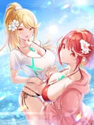 alternate_costume alternate_hairstyle blonde_hair breasts core_crystal highres large_breasts mythra mythra_(xenoblade) pyra pyra_(xenoblade) red_eyes red_hair ui_frara xenoblade_(series) xenoblade_chronicles_(series) xenoblade_chronicles_2 yellow_eyes