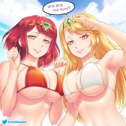 2girls adult adult_female arm_up bare_armpits bare_arms bare_belly bare_chest bare_hands bare_midriff bare_navel bare_shoulders bare_skin belly belly_button big_breasts bikini bikini_only bikini_top blue_sky breast_press breast_press_on_chest breasts breasts_press breasts_pressed_against_another breasts_pressed_against_partner breasts_pressed_together busty busty_female busty_girl cleavage closed_mouth_smile clouds collarbone day daylight daytime dialogue dialogue_bubble elbows english english_dialogue english_text etchimune exposed_armpits exposed_arms exposed_belly exposed_chest exposed_midriff exposed_navel exposed_shoulders exposed_skin female female_focus female_only fingernails fingers half-closed_eyes hand_up huge_breasts large_breasts lean_figure lips long_hair looking_at_viewer looking_down looking_down_at_viewer mature mature_female medium_hair midriff multiple_females multiple_girls mythra narrow_waist navel outdoor outdoor_nudity outdoors outside plump_breasts pressing_breasts pressing_breasts_together pyra red_hair red_hair_female shiny_arms shiny_belly shiny_breasts shiny_hair shiny_skin shoulders simple_background sky slender_body slender_waist slim_waist smile smiley_face smiling smiling_at_viewer smirk standing string_bikini swimsuit swimwear text text_bubble underboob upper_body white_background xenoblade_(series) xenoblade_chronicles_2 yellow_eyes yellow_eyes_female