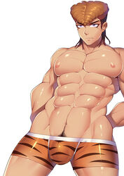 1boy abs body_hair bulge crotch danganronpa etap male male_focus male_only mondo_oowada multicolored_hair muscle nipples pecs pompadour presenting pubic_hair purple_eyes smooth_skin solo tagme tiger_print tight_clothing tight_underwear topless underwear