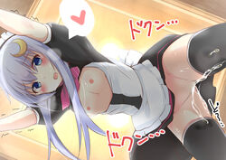 black_legwear black_skirt blue_eyes blush censored crescent crescent_hair_ornament female flat_chest hair_ornament heart kantai_collection long_hair mosaic_censoring nipples open_mouth pleated_skirt purple_hair short_hair_with_long_locks skirt solo sou_(soutennkouchi) spoken_heart thighhighs yayoi_(kantai_collection)