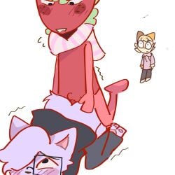 2025 2boys bad_anatomy biting_lip blush brother_and_sister dandy's_world gay green_hair haru_(oc) male miko_(oc) no_tail oc purple_fur red_skin selfshipping sprout_(dandy's_world) tagme white_scarf wiggle_lines young_male