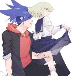 androgynous femboy galo_thymos grabbing_ass hand_on_butt huyizhi lio_fotia promare school_uniform skirt_lift sonic_the_hedgehog_looking_ass touching_ass twink yaoi