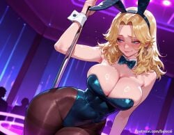 ai_generated animal_ears balecxi bare_shoulders blonde_hair blue_eyes blush bow bowtie brown_pantyhose cleavage closed_mouth detached_collar fake_animal_ears female hairband highleg highleg_leotard hoop_earrings jewelry large_breasts long_hair marvel marvel_rivals playboy_bunny pole_dancing rabbit_ears strapless strapless_leotard stripper_pole sue_storm wrist_cuffs