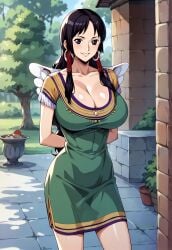 ai_generated arms_behind_back artist_request big_breasts black_hair breasts cleavage clothing dress female female_only green_dress jewelry light-skinned_female light_skin long_hair mousse_(one_piece) one_piece solo wings
