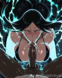 1girls ai_generated belly_dancer big_breasts black_hair bleach blowjob blowjob_face female gold_jewelry harem_outfit horny_female long_hair mature_female milf unohana_retsu