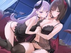 2girls blush breasts brown_eyes brown_hair choker couch demon female flat_chest horn long_hair navel original panties purple_eyes purple_hair see-through short_hair stockings submissive_female succubus succubus_tail succubus_wings tagme tail thighhighs underwear