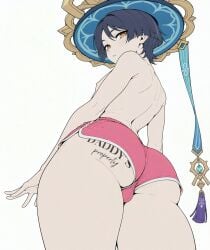 1boy ai_generated ass ass_focus back bangs bishounen black_hair blue_hair blue_headwear body_writing bulge cowboy_shot dolphin_shorts english_text femboy feminine_male feminization from_behind from_below genshin_impact hat looking_at_viewer looking_back makeup male male_focus male_only nipples otoko_no_ko parted_lips pink_shorts pointy_ears red_eyeshadow scaramouche_(genshin_impact) short_hair short_shorts shorts simple_background sissy solo sondu standing tassel tattoo tattoo_on_butt thighs topless_male trap twink underbutt white_background yaoi yellow_eyes