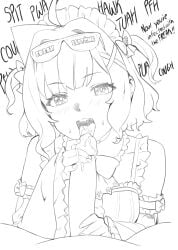 1boy absurdres ahoge bare_shoulders bow detached_sleeves english_text erection eyewear_on_head fellatio female greyscale hairbow handjob highres indie_virtual_youtuber licking licking_penis long_sleeves looking_at_viewer maid_headdress male mint_fantome monochrome open_mouth oral penis pov solo_focus straight thernz tongue tongue_out two-handed_handjob uncensored virtual_youtuber