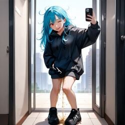 1girl, ;d, ahoge, ai_assisted ai_generated bangs, bare_legs, black_footwear, blue_hair, cellphone, door, drawstring, eyebrows_visible_through_hair, fang, female full_body, hair_between_eyes, holding, holding_phone, hood, hood_down, hoodie, indoors, long_hair, long_sleeves, looking_at_viewer, messy_hair, one_eye_closed, open_mouth, peeing peeing_on_floor peeing_self phone, puddle, red_eyes, reflection, shoes, smartphone, smile, sneakers, solo, standing, urine wet,