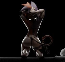3d_(artwork) absurd_res akittu anthro arm_tattoo arm_tuft ass athletic backlighting bed bikini black_background blender_(artwork) blender_cycles bodily_fluids brown_body brown_fur brown_hair calico_cat cate_meowdy_(fortnite) clothing crosshair_(marking) digital_media_(artwork) domestic_cat elbow_pads epic_games felid feline felis female floral_markings fortnite fur furniture hair hammer hands_behind_head head_tuft heart_symbol hi_res leg_strap leg_tattoo light lighting mammal markings multicolored_body multicolored_fur multicolored_head orthographic pawpads purple_body purple_fur purple_hair rear_view screwdriver shoulder_tuft signature simple_background solo string_bikini sweat swimwear tail tail_markings tattoo tools tuft two-piece_swimsuit wet wet_body white_body white_butt white_fur white_light wrench_(red_dragon_inn)