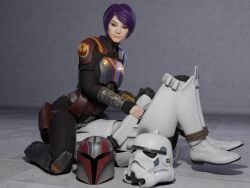 3d ass_smothering blender butt_smother clothed facesitting female female_dominating_male femdom mandalorian purple_hair sabine_wren star_wars stormtrooper theblendertaper tomboy