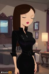 1girls ai_generated artist_name bed bedroom black_dress breasts brown_hair buttons candle closed_eyes curtains disney disney_channel dress female hi_res indoors lamp lipstick long_hair makeup nail_polish phineas_and_ferb pink_lips pink_nails red_lips rule34lab solo vanessa_doofenshmirtz window