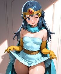 1girls :p ai_generated aioddity bare_shoulders blue_eyes blue_hair blush breasts cape circlet cowboy_shot dawn_(pokemon) dragon_quest dragon_quest_iii dress dress_lift elbow_gloves female female_only looking_at_viewer pokemon pokemon_(anime) sage_(dq3)_(cosplay) small_breasts solo thick_thighs tongue wink