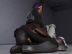 3d ass_smothering blender butt_smother clothed facesitting female female_dominating_male femdom mandalorian purple_hair sabine_wren star_wars stormtrooper theblendertaper tomboy