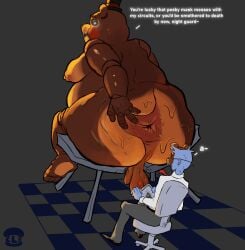 absurd_res animatronic anthro anus ass balls bear belly big_anus big_balls big_belly big_butt big_moobs big_nipples black_sclera blush bodily_fluids broken_table brown_body chair checkered checkered_floor clothing commonlightbulb darkened_anus darkened_balls darkened_genitalia darkened_penis dialogue duo english_text erection fear_boner five_nights_at_freddy's five_nights_at_freddy's_2 furniture genitals glistening glistening_body glowing glowing_eyes hat headgear headwear hi_res huge_anus huge_butt huge_moobs human intimate jeremy_fitzgerald machine male male/male male_human mammal moobs multicolored_body necktie nightguard nipples obese obese_anthro obese_male office_chair on_chair on_table overweight overweight_anthro overweight_male penis presenting presenting_anus presenting_hindquarters robot saggy_balls scared scottgames shocked sitting sitting_on_chair sitting_on_table size_difference skinny_male spread_butt spreading sweat table tablet taunting text threatening threatening_words top_hat toy_freddy_(fnaf) two_tone_body ursine white_eyes