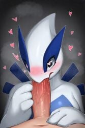 ai_generated big_breasts blowjob fellatio goodra heart-shaped_pupils hearts_around_head interspecies lugia pokemon_(species) pokephilia saliva