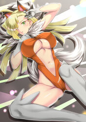 1girls aged_up alternate_hairstyle ass blonde_hair blush breasts cleavage cosplay dusk_lycanroc erect_nipples female female_only genderswap_(mtf) gladion_(pokemon) green_eyes highres human large_breasts long_hair looking_at_viewer lycanroc lycanroc_(cosplay) lying navel nintendo older on_back parted_lips pokemon pokemon_(cosplay) pokemon_sm pokemon_usm rule_63 solo takecha team_skull thighhighs underboob