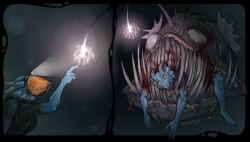 absurd_res angler anglerfish anthro armor asphyxiation blood blood_on_face blue_body bodily_fluids death dragon drowning duo female feral fish gore gore_focus headgear helmet hi_res kolkolukija light marine mythological_creature mythological_scalie mythology predator/prey reptile scalie scared scared_expression scared_face sharp_teeth teeth water yellow_eyes