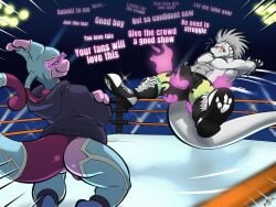 2025 4:3 abs anthro ass balls blue_eyes blush bodily_fluids boots bulge clothing devin_(derpybro) digital_media_(artwork) dinosaur disembodied_hand dromaeosaurid duo english_text erection fighting_ring footwear generation_1_pokemon genital_fluids genitals ghost_hand grey_hair hair handjob hi_res hoodie legendary_pokemon male male/male mewtwo muscular muscular_anthro muscular_male nintendo pat_(lapatte) pecs penile penis pokemon pokemon_(species) prehistoric_species psychic psychic_powers purple_body reptile scalie sex shoes smile smirk spinning sweat tail text theropod throbbing throbbing_penis topwear velociraptor white_body wrestling wrestling_outfit yellow_sclera yellowluster
