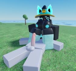 1boy 1girls 3d areolae balanced_craft_wars balls black_body breasts cat_ears catgirl dark-skinned_female dark_skin erection facesitting female four_(balanced_craft_wars) male mrscaryface nipples outdoors penis pussy roblox roblox_game roblox_studio robloxian self_upload thighhighs thighs vagina whiskers