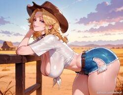 1girls ai_generated balecxi belt bent_over blonde_hair blue_eyes choker cleavage cowboy_hat cutoffs denim denim_shorts earrings fantastic_four female hanging_breasts invisible_woman invisible_woman_(marvel_rivals) jewelry large_breasts leaning_forward long_hair looking_at_viewer marvel marvel_rivals mature_female milf outdoors patreon_username short_shorts short_sleeves smile solo sue_storm superheroine thighs tied_shirt white_shirt