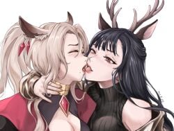 2girls ^_^ absurd_res absurd_resolution absurdres animal_ears antlers arknights artist_name bare_shoulders black_hair black_sweater blush blush blush_lines breasts brooch cleavage closed_eyes clothed clothed_female commentary_request cute deer_antlers deer_ears female female/female female_focus female_only french_kiss french_kissing gitano_(arknights) grab grabbing grabbing_neck grey_hair hand_around_neck hand_on_neck hi_res high_resolution highres horns huizjie imminent_kiss jewel jewelry kissing kissing light-skinned_female light_skin lipstick long_hair looking_at_another mole mole_under_mouth multiple_girls neck_grab red_lipstick signature simple_background sweater tongue tongue_kiss tongue_out tsukinogi_(arknights) turtleneck turtleneck_sweater upper_body white_background yuri yuri