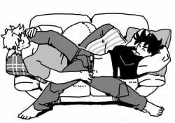 artist_request caesar_zeppeli couch couple cuddling gay idk_what_to_tag_it jojo's_bizarre_adventure joseph_joestar muscular muscular_male scissor_position sleeping yaoi