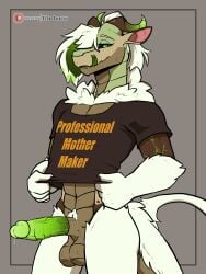 absurd_res anthro balls bodily_fluids bottomless bottomless_anthro bottomless_male clothed clothing elin_(psychorodent) erection forked_tongue fur genital_fluids genitals green_eyes green_penis hair hi_res horn humanoid_genitalia humanoid_penis licking licking_lips long_tail looking_at_viewer male neck_tuft penis precum psychorodent pupils shirt shirt_only slit_pupils snatyr solo standing t-shirt tail text text_on_clothing text_on_shirt text_on_topwear tongue tongue_out topwear topwear_only tuft white_body white_fur white_hair