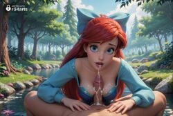 1boy 1boy1girl 1girls after_fellatio ai_generated ariel ariel_(the_little_mermaid) artist_name blowjob blue_bow blue_dress blue_eyes bow breasts cleavage clothed_female_nude_male cloud collarbone cum cum_in_mouth cum_on_body cum_on_breasts cum_on_tongue day disney disney_princess dress erection facial fellatio female flower forest freckles grass hairbow hi_res lips long_hair long_sleeves looking_at_viewer male medium_breasts mole mole_on_breast nature nose nude open_mouth oral orange_hair outdoors paizuri patreon_username penis pink_nails pond pov r34arts red_hair rock sky smile solo_focus straight the_little_mermaid the_little_mermaid_(1989_film) tongue tongue_out tree uncensored water watermark web_address