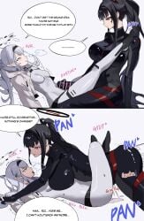 1futa 1girls after_sex black_hair blue_archive bodysuit drooling female futanari himari_(blue_archive) intersex kyuri_yaki out_of_character panting rio_(blue_archive) rio_(bodysuit)_(blue_archive) rolling_eyes sex size_difference text trembling white_hair