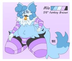 anthro arm_warmers armwear ass balls belly belly_tuft big_butt black_balls black_body black_collar black_fur black_legs blue_body blue_fur blue_hair blue_inner_ear_fluff blue_tail border bottomwear braixen bulge cheek_tuft chest_tuft clothing collar cowbell dipstick_tail dreadlocks drignov ear_tuft english_text eye_through_hair eyebrows eyelashes eyewear facial_tuft femboy fluffy fluffy_tail front_view fur generation_6_pokemon genital_outline genitals glasses gradient_background hair hand_on_hip hi_res hip_tuft horizontal_stripes huge_butt huge_thighs inner_ear_fluff kneeling legwear long_tail looking_at_viewer male markings milo_(drignov) model_sheet moobs nintendo panties pattern_armwear pattern_bottomwear pattern_clothing pattern_legwear pattern_panties pattern_underwear pear-shaped_figure pink_arm_warmers pink_armwear pink_background pink_clothing pink_stockings pink_stripes pokemon pokemon_(species) pseudo_skirt simple_background slightly_chubby slightly_chubby_male smile smiling_at_viewer solo stockings striped_armwear striped_bottomwear striped_clothing striped_legwear striped_panties striped_underwear stripes tail tail_markings text thick_thighs thigh_highs translucent translucent_hair tuft underwear white_body white_border white_fur wide_hips