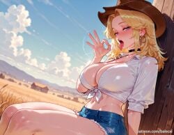 ai_generated balecxi black_choker blonde_hair blue_eyes blush brown_headwear cleavage cowboy_hat cutoffs day denim denim_shorts earrings fellatio_gesture female jewelry large_breasts looking_at_viewer marvel marvel_rivals navel open_mouth oral_invitation outdoors patreon_username short_shorts sitting solo sue_storm thighs tied_shirt tongue tongue_out white_shirt