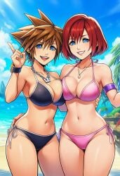 2girls ai_generated beach bikini blue_eyes brown_hair disney female genderswap genderswap_(mtf) kairi kingdom_hearts red_hair rule_63 short_hair sora_(kingdom_hearts) square_enix