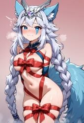 ai_generated animal_ears animal_tail arms_behind_back blue_eyes blush female gradient_background heavy_breathing io_(paladins) looking_at_viewer paladins restrained silver_hair stable_diffusion tiara