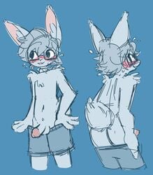 2017 anthro ass balls blue_background blue_fur blue_hair blush clothed clothing eyewear fur glasses hair lagomorph looking_aside male mammal pants_down pants_pull partially_clothed penis rabbit shorts_down shy simple_background solo tongue tongue_out topless undressing zaptagon