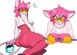 big_ass big_breasts big_glasses blush embarrassed ghost glasses goommy_(goommymuffin) jar ki_kidrew looking_away looking_embarrased mouse mouse_ears mouse_girl mouse_tail mousegirl muffin_(goommymuffin) nervous nervous_face nervous_sweat pink_body pink_fur pink_hair rat_ears rat_girl rat_tail scientific scientist spiral spiral_eyes