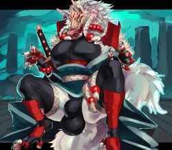 2025 5_fingers absurd_res alternate_version_at_source animal_mask anthro armor asian_mythology balls_outline beaded_bracelet beaded_jewelry beaded_necklace beads belt big_breasts big_bulge big_tail biped black_clothing black_coat black_fingerless_gloves black_gloves black_handwear black_legwear black_thigh_highs black_topwear black_underwear blue_claws bracelet braided_hair braided_pigtails breasts bulge canid canine cheek_tuft claws clothed clothing coat colored crouching detailed_background detailed_bulge dewclaw digital_media_(artwork) digitigrade ear_piercing ear_ring east_asian_mythology facial_tuft finger_claws fingerless_gloves fingerpads fingers fluffy fluffy_tail fox fox_mask fox_spirit front_view full-length_portrait fully_clothed fur genital_outline gloves gynomorph gynomorph_anthro hair handwear hi_res huge_breasts huge_bulge humanoid_hands intersex intersex_anthro japanese_mythology jewelry katana legwear long_tongue looking_at_viewer magatama mammal mane mask melee_weapon monotone_body monotone_fur monotone_tail mythology neck_tuft necklace open_clothing open_coat open_topwear outside pawpads piercing pink_inner_ear pink_pawpads pink_tongue portrait pose red_armor red_eyes ring_piercing rope rope_belt samurai shaded shin_guards shoulder_guards sky solo sword tail teal_claws thick_thighs thigh_highs toe_claws toeless_legwear tongue tongue_out topwear tuft twintails underwear warrior weapon white_body white_ears white_fur white_tail yokai zerolativity