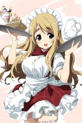 1girls artist_request big_eyebrows blonde_hair blue_eyes female k-on! large_breasts safe smiling_at_viewer solo tagme tsumugi_kotobuki_(k-on!) waitress_uniform zettai_ryouiki