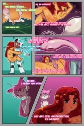 advertisement alien alien_girl alien_pussy aqrisu beast_boy breasts bucket comic comic_page cyborg cyborg_(dc) dc dc_comics dialogue female green_eyes hug jinx_(dc) orange_skin pale_skin pink_hair promo promotional_art pussy red_hair rejection sex sex_toy sperm_cell starfire teen_titans text tissue