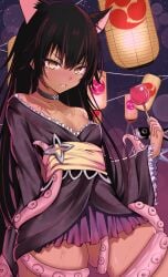 absurdres animal_ears black_choker black_hair black_kimono blush breasts candy_apple cat_ears choker collarbone dark-skinned_female dark_skin food hair_between_eyes highres japanese_clothes kimono kivara long_hair looking_at_viewer master_nemesis night night_sky oerba_yun_fang outdoors skin_fang sky small_breasts star_(sky) starry_sky suction_cups tentacle to_love-ru to_love-ru_darkness wide_sleeves yellow_eyes