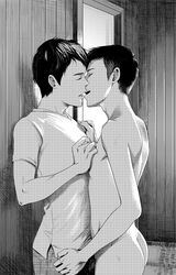 2boys against_wall ass closed_eyes kissing male_focus monochrome multiple_boys nude tsukumo_gou undressing yaoi