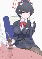 1boy animal_ears black_hair black_hat black_pantyhose blue_archive blush bow bowtie breasts commentary_request crotch_seam cum ejaculation erection female garrison_cap gloved_handjob gloves halo handjob hat highres large_breasts long_sleeves looking_at_viewer male mazarimon multi_ear official_alternate_costume panties panties_under_pantyhose pantyhose pencil_skirt penis projectile_cum raccoon_ears raccoon_girl red_bow red_bowtie red_halo shirt short_hair simple_background sitting skirt sleepy squeans straight thighband_pantyhose tour_guide translation_request tsubaki_(blue_archive) tsubaki_(guide)_(blue_archive) underwear walkie-talkie white_gloves white_shirt