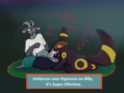 2025 4:3 anthro balls black_body blush bodily_fluids bovid breasts brown_hair caprine clothed clothed_sex clothing clothing_aside cum cum_from_nose cum_in_mouth cum_in_nose cum_inside digital_media_(artwork) drooling duo eeveelution encouragement english_text erection fan_character fellatio feral fur generation_2_pokemon genital_fluids genitals goat grey_body hair hi_res humanoid_genitalia hypnosis hypnotic_eyes lying male male/male male_penetrated male_penetrating male_penetrating_male mammal mind_control nintendo open_mouth oral oral_penetration penetration penile penis pokemon pokemon_(species) rockpankake saliva sex simple_background tail text umbreon