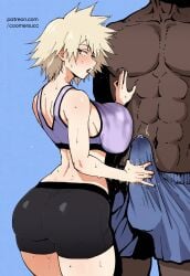 1boy 1girls abs ai_generated ass bare_arms bare_legs bare_shoulders bare_thighs big_ass big_breasts big_butt big_penis blush bulge color coomersucc dark-skinned_male female gym_clothes hand_on_penis hi_res large_breasts light-skinned_female light_skin male male/female mitsuki_bakugou muscles muscular muscular_male my_hero_academia netorare ntr short_hair sweat thick_thighs